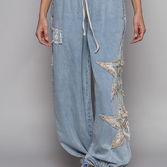 POL Denim Embroidered Stars Boho Patchwork Joggers Pants Women’s Blue Relaxed - Picture 7 of 16